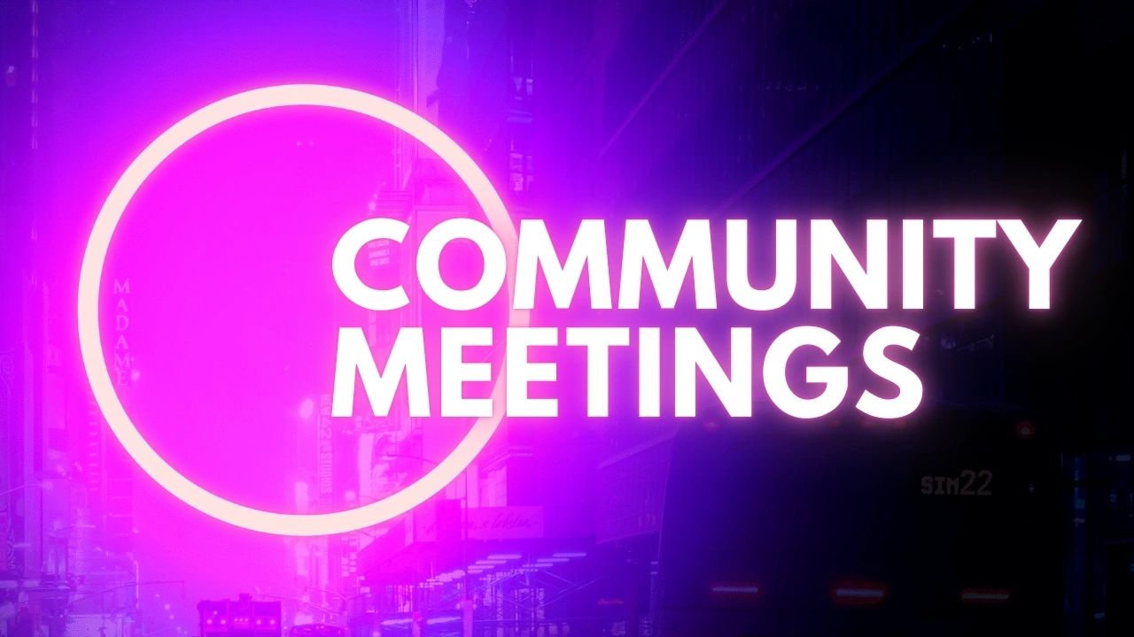 Community Meetings neon purple banner